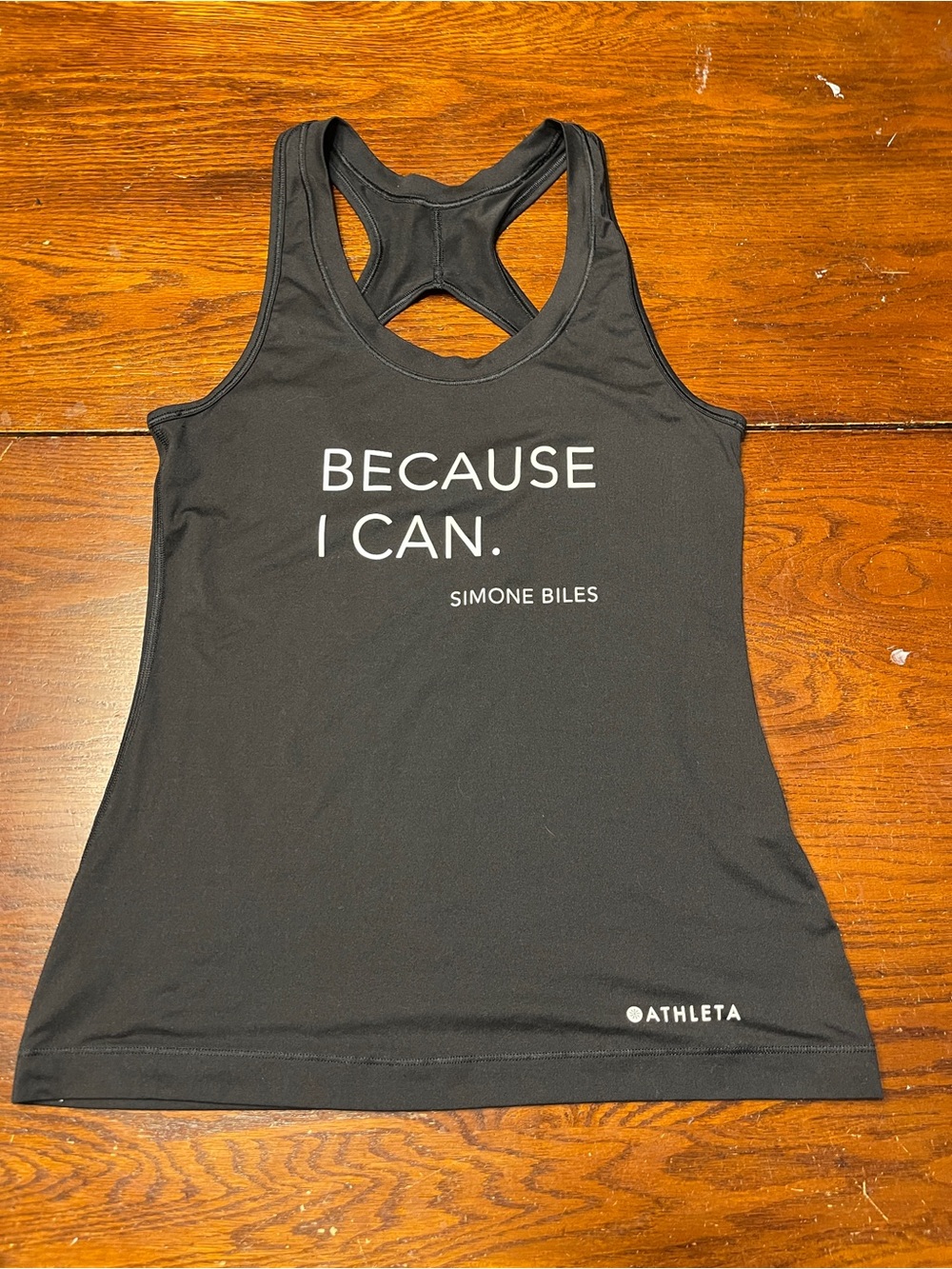Athleta Black Racerback Tank with "Because I Can." Simone Biles women’s S